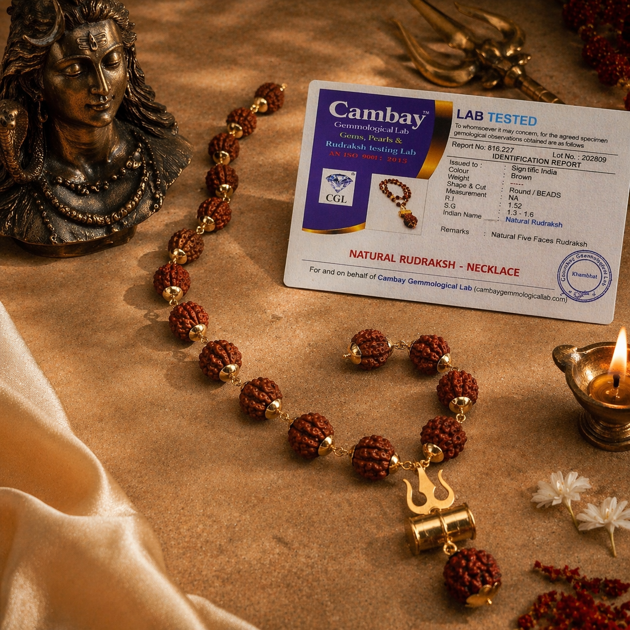 Gold Plated Rudraksh Trishool Mala + 5 MUKHI RUDRAKSH FREE