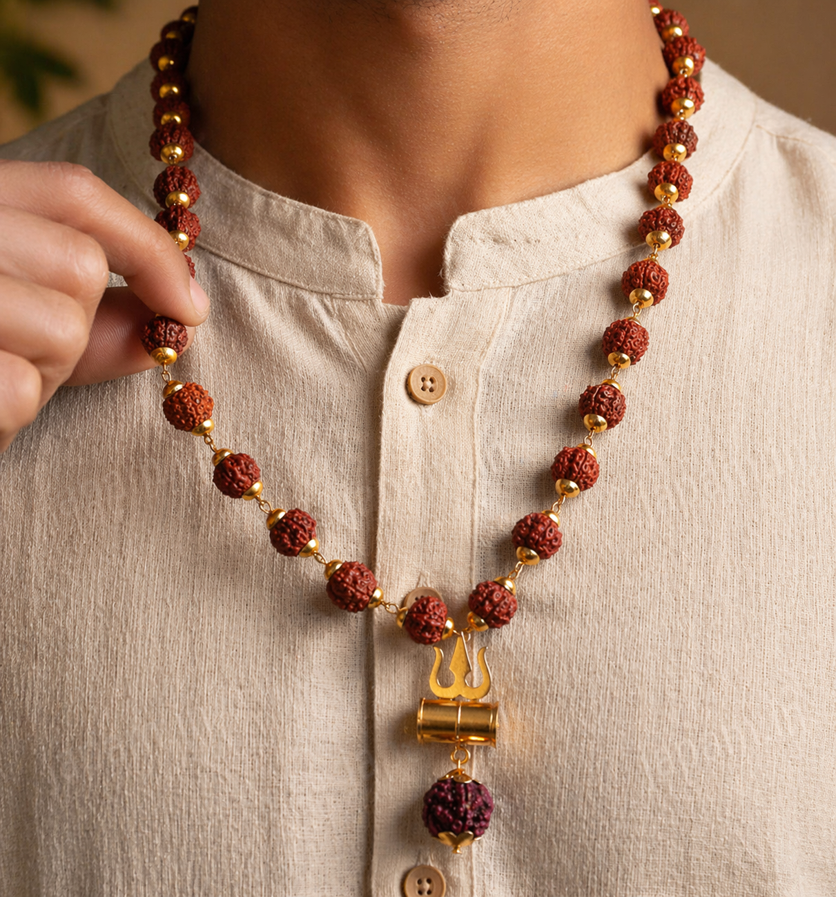 Gold Plated Rudraksh Trishool Mala + 5 MUKHI RUDRAKSH FREE