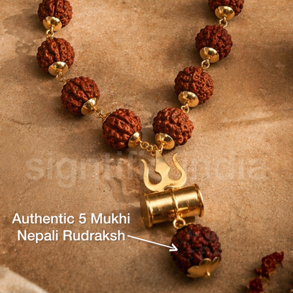 Gold Plated Rudraksh Trishool Mala + 5 MUKHI RUDRAKSH FREE
