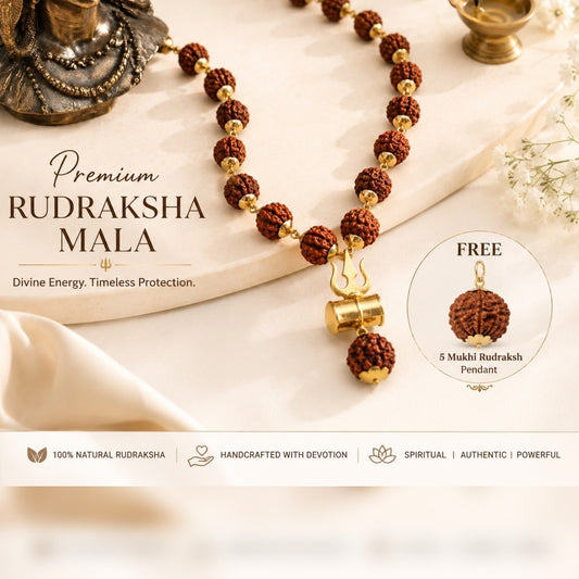 Gold Plated Rudraksh Trishool Mala + 5 MUKHI RUDRAKSH FREE